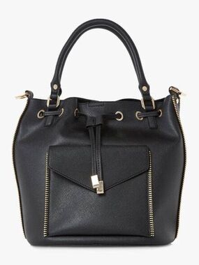 Dune Classic Black Leather Drawstring Bucket Bag-